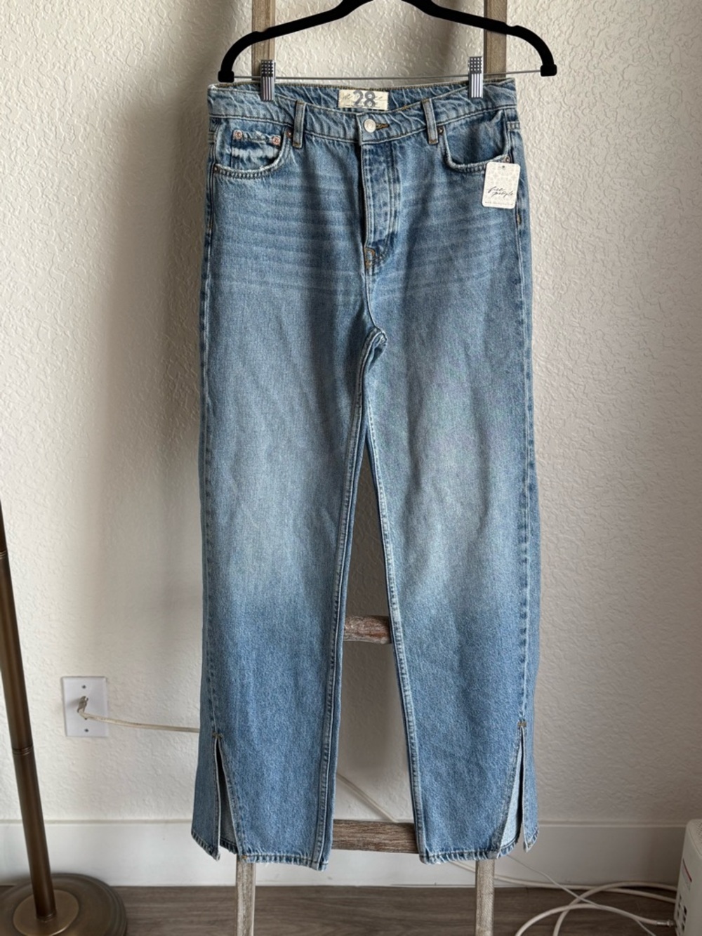 Light Wash Straight Jeans with Front Hem Slits